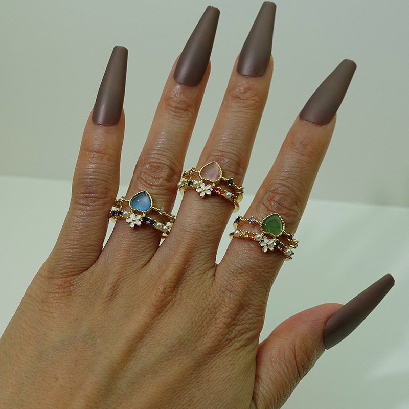 Enamel, Plating, Inlay Design Fashion Heart Shape Flower Copper Enamel Plating Inlay Artificial Pearls Zircon Open Ring 1 Piece
