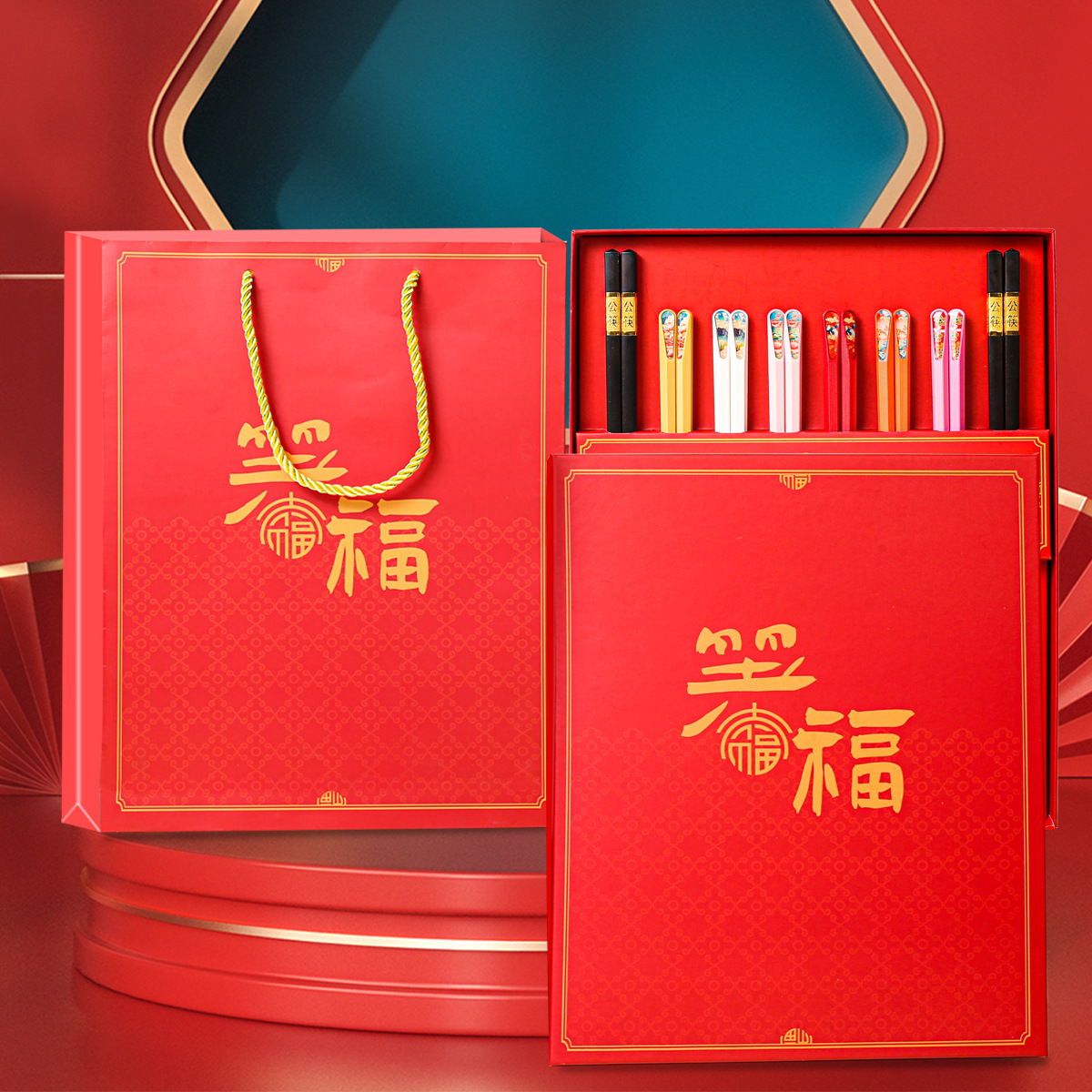 Nueva apertura rojo creativo palillos regalo traje nacional moda rojo ocho pares de palillos de aleación regalo en stock venta al por mayor