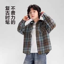 男童加绒格子衬衫秋冬季保暖上衣儿童装日系时髦宽松衬衣外套跨境