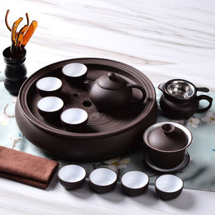 Purple Clay Kung Fu Tea Set Teacup Teapot Tea Tray Complete Set Ceramic Tea Set Round Tea Wash Water Storage Home Zhao Zhi Li