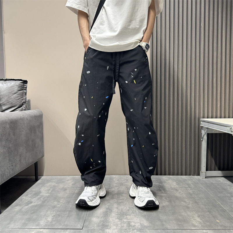 Pantalon décontracté à coupe étroite pour homme, coupe ample, coupe droite, coupe incurvée, sensation haut de gamme, effet vieilli, encre éclaboussée_voghion.com
