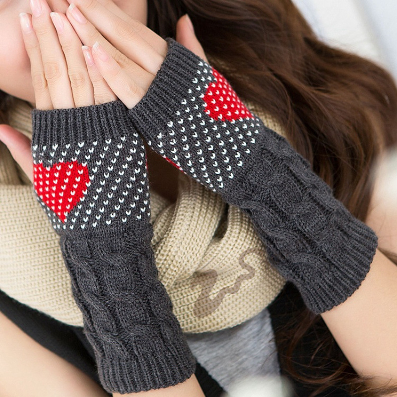 Aliexpress Ebay Manufacturer Wholesale Wool Knitted Korean Fingerless Half-Finger Typing Female Heart Heart Christmas Gloves