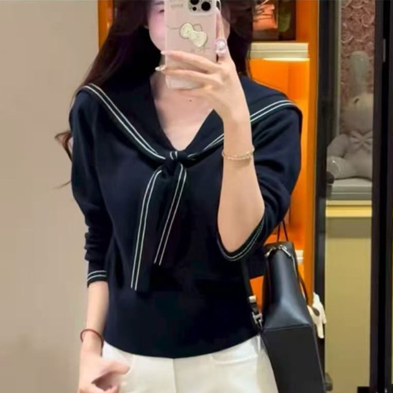 学院风海军领长袖针织衫早秋穿搭披肩拼接假两件撞色上衣女装工厂