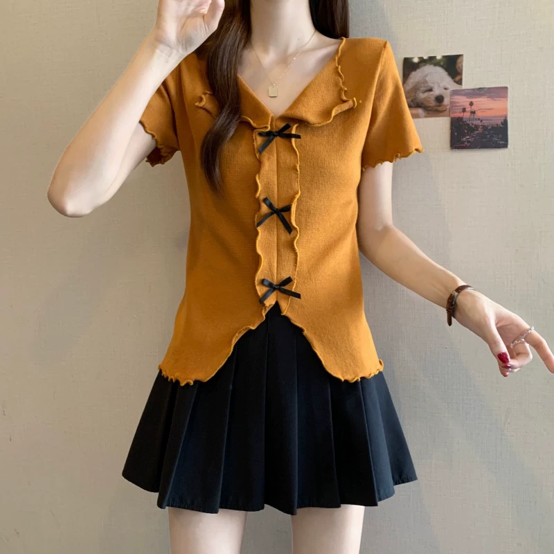 P51-1 Лето 2025 новый стиль маленький воротник-стойка с волнистым краем пуловер с правым плечом короткий рукав трикотаж