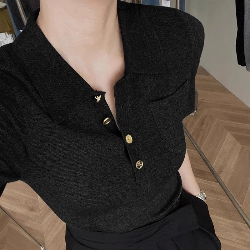 High-end Black Polo Collar Shoulder Short-sleeved T-shirt Women's Spring and Summer Ice Silk Knitted Sweater Lel French Elegant Top