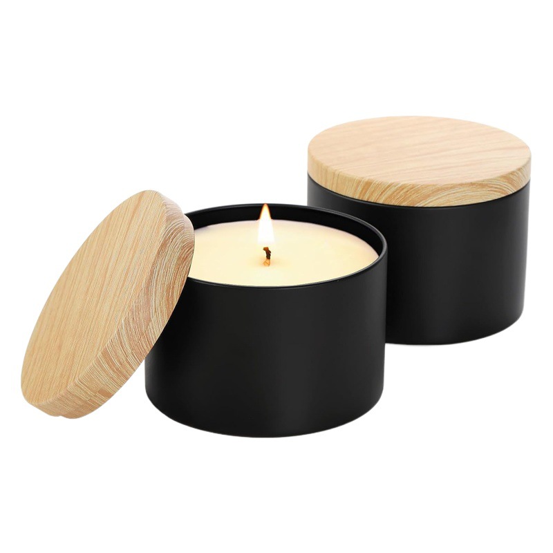 Caja redonda de hojalata negra sellada de doble cara con tapa de imitación de madera de alta gama para dulces, velas y aromaterapia, 4oz 8oz, al por mayor