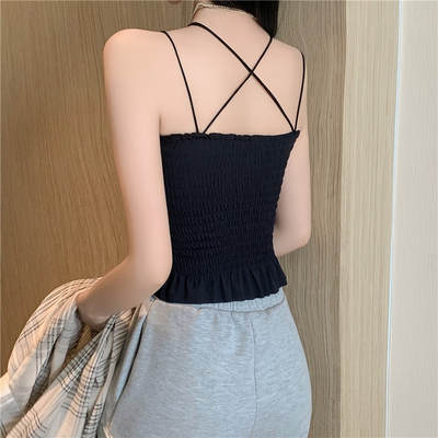 Summer Ice Silk Pleated Ear Edge Sling Beautiful Back Vest with Chest Pad Wrapping Chest Slim-Fit Outer Wear Bottoming Tube Top