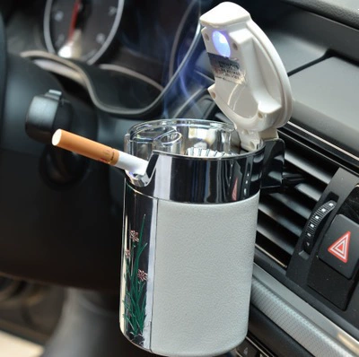 Solar-Powered Car Ashtray, Carbon Fiber Car ashtray - white