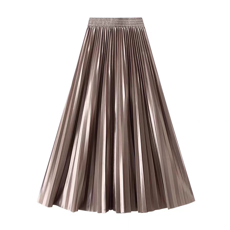 Foreign Trade Metallic Glossy Candy-Colored Pleated Skirt Women's Long High-Waisted Straight Skirt Long Skirt Design Slimming Look