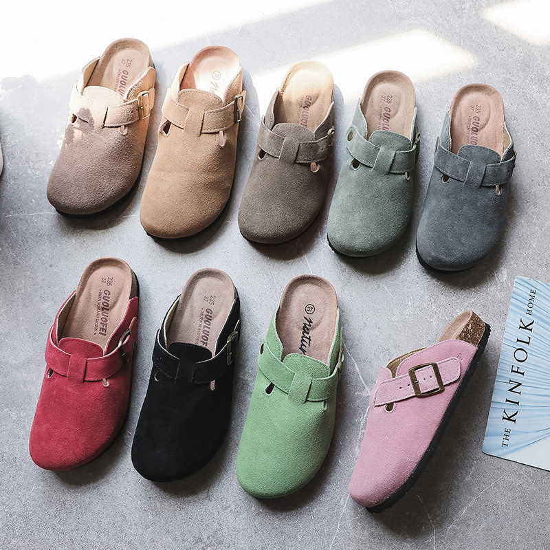 Genuine Leather Half Baotou Sandals Slippers Women Summer Couple Cork Slippers Women Large Size Heel-free Bo Shoes Slippers Factory Spot
