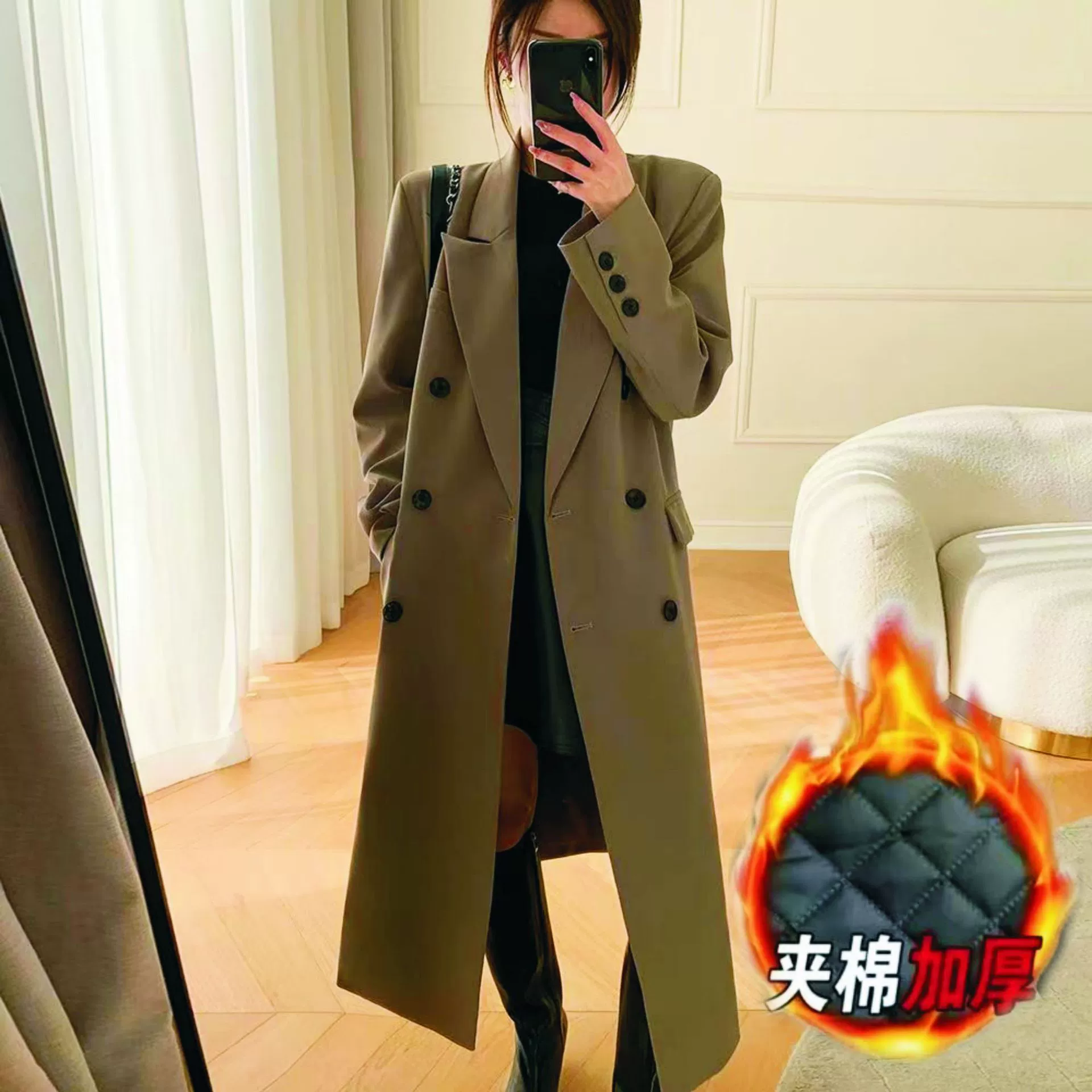 【Качественная ткань】Элегантный удлиненный двубортный плащ для женщин, средней длины, осенне-зимний, утепленный, приталенный пальто-тренч