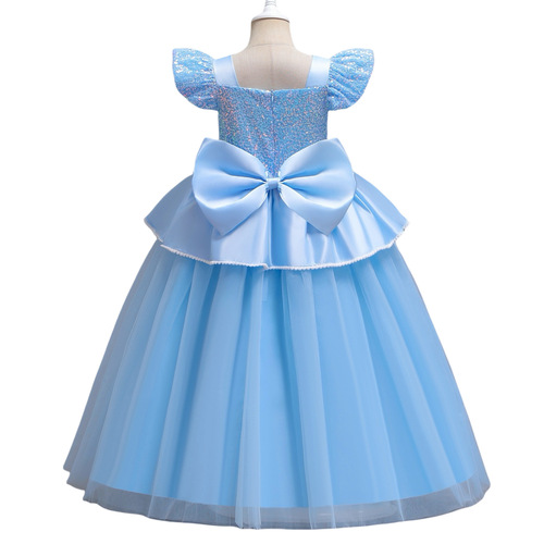 Children's dress, princess Cinderella-style, with mesh lace and puff sleeves, for kids' stage performance and party.