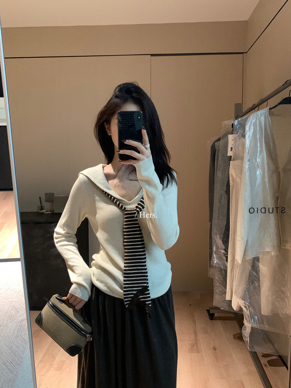 Hers一勺甜秋季韩系气质修身显瘦假两件披肩V领长袖针织衫女92401|undefined