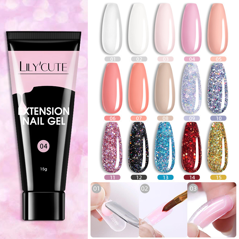 LILY'CUTE nail art extension glue 15g paper-free glitter sequins crystal nail extension gel UV phototherapy glue