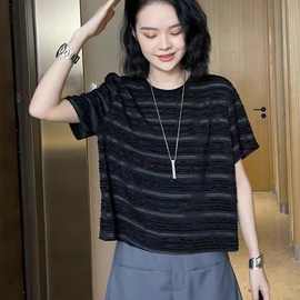 欧货黑色时尚条纹短袖t恤女夏季2025新款设计感小众休闲百搭上衣