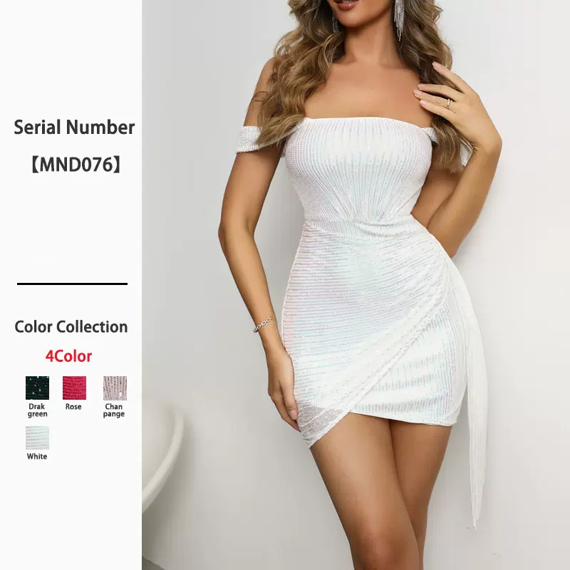 欧美跨境2025热销落肩亮片连衣裙气质性感纯色晚礼服辣妹包臀短裙