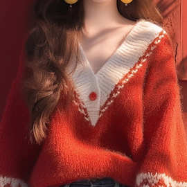 跨境慵懒风软糯红色毛衣女春秋季复古灯笼袖领高级感减龄针织衫上