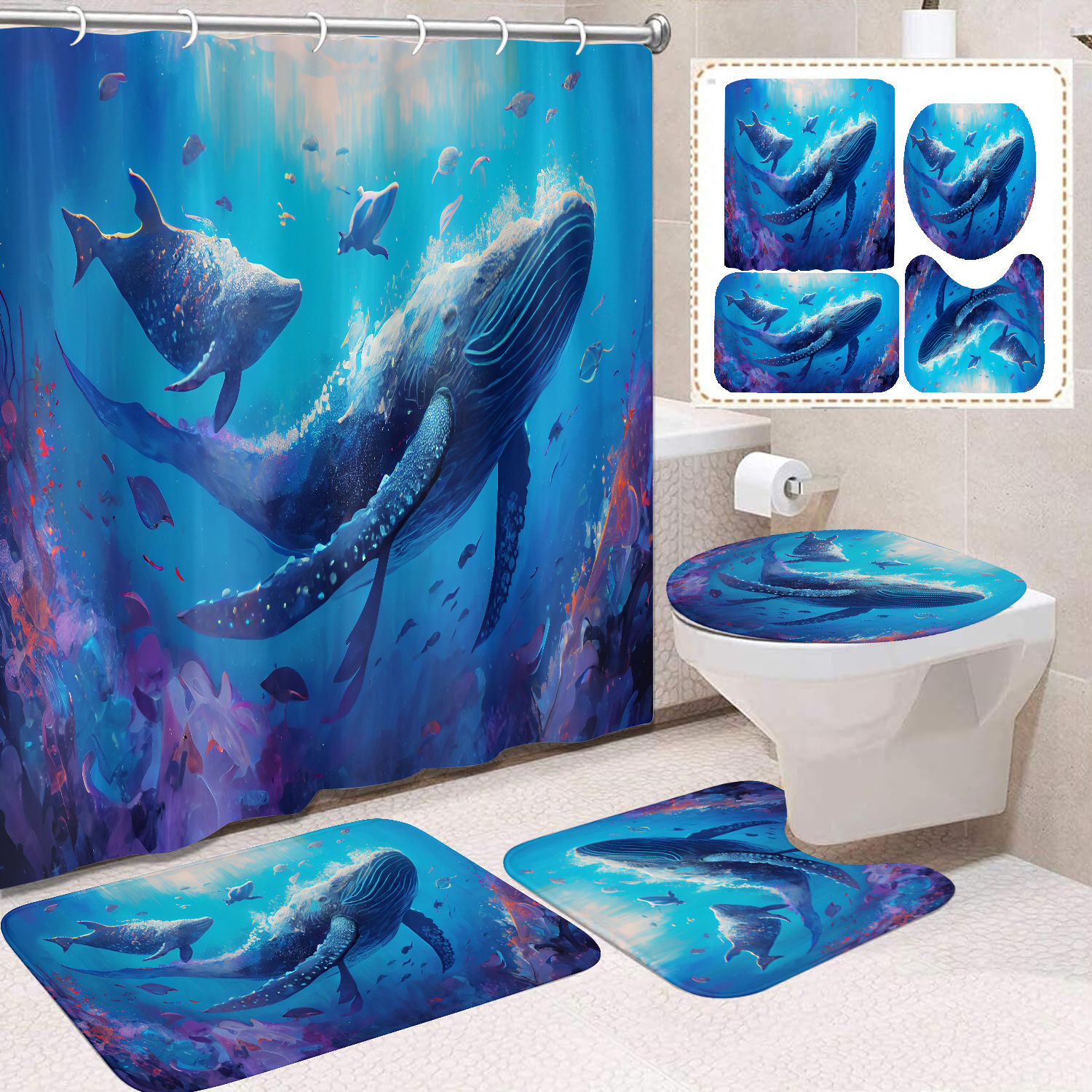 Cortina de ducha transfronteriza con diseño de delfines azules, estampada digitalmente, de poliéster, sin perforaciones, para baño, decoración del hogar image 12