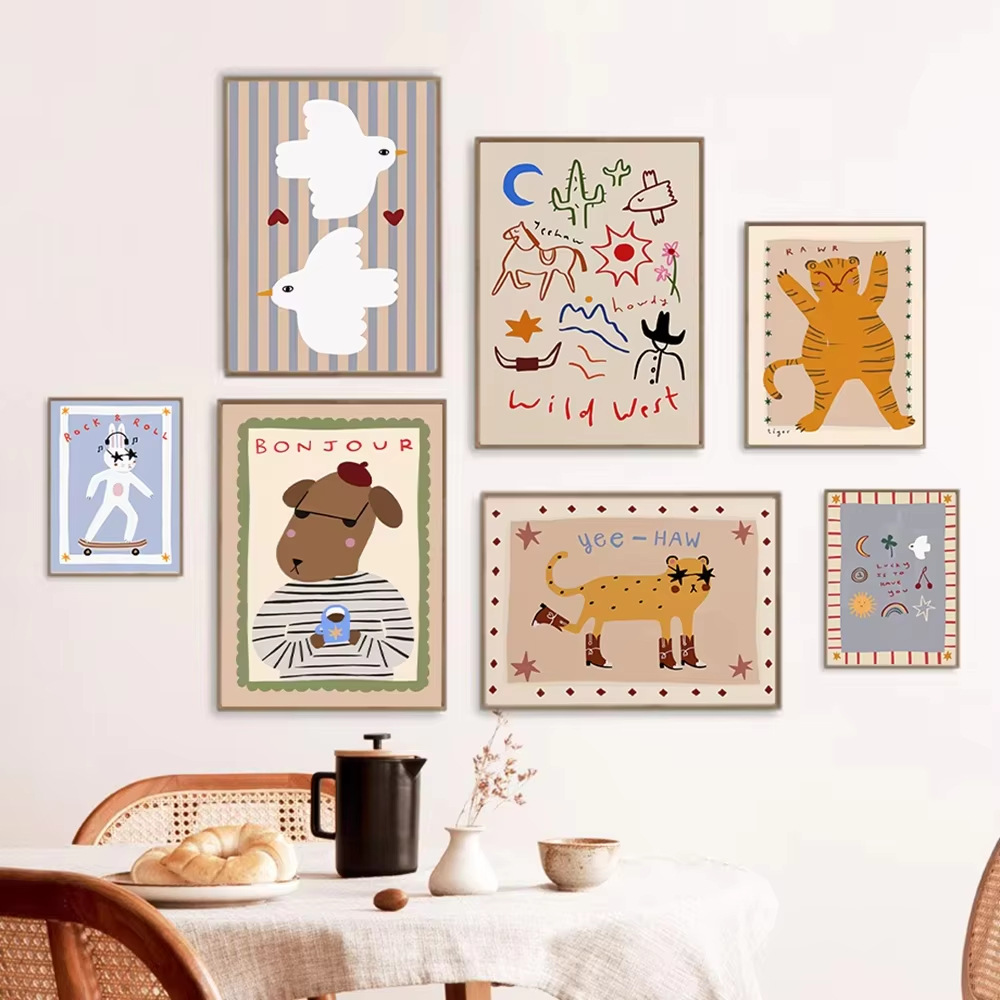 有趣的动物老虎Bonjour狗兔子滑板海报印刷壁画儿童房间装饰图片