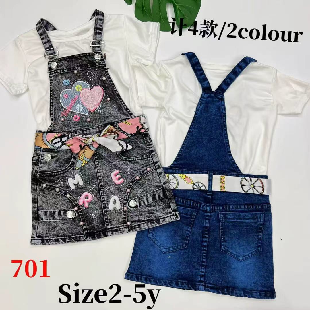 Girls' Denim Suspender Skirt Set with Shoulder Straps for Toddlers and Young Children, Summer 2-Piece Kids Outfit, Cross-Border In-Stock