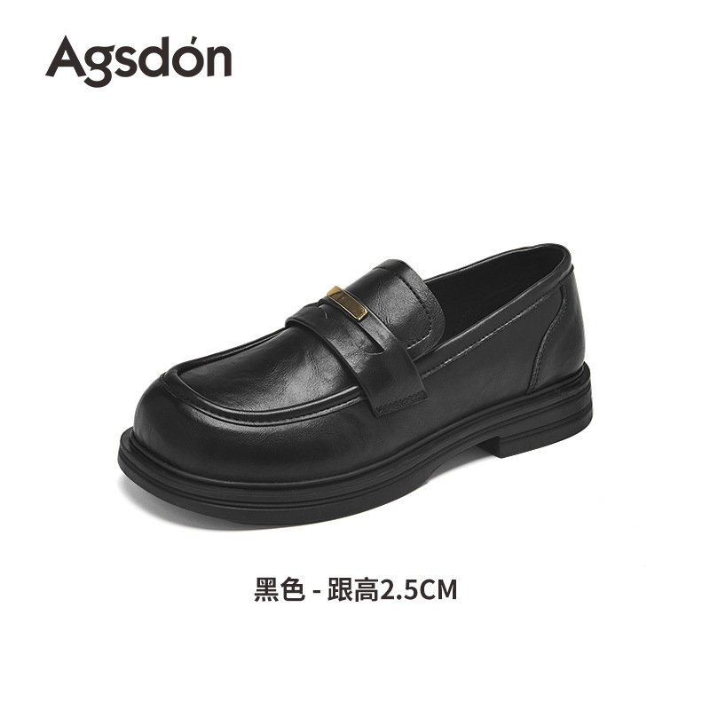 Augu Shi Deng zapatos de cuero negro para mujeres 2026 nuevo estilo de primavera británico tacones gruesos Lefour zapatos de sola suave