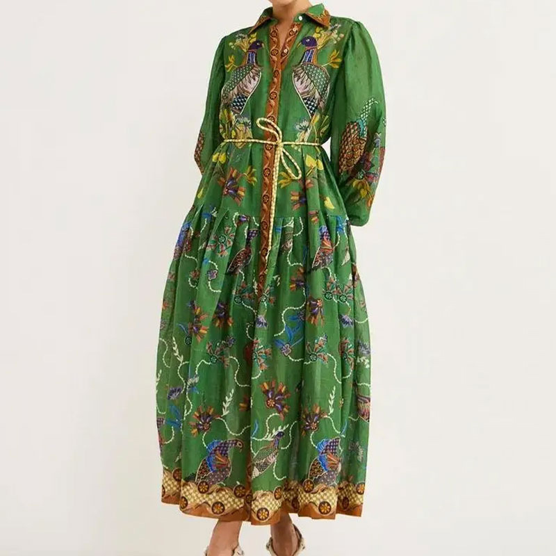 Women Clothing Vintage Printed Lantern Sleeve Waist Controlled Large Hem Dress