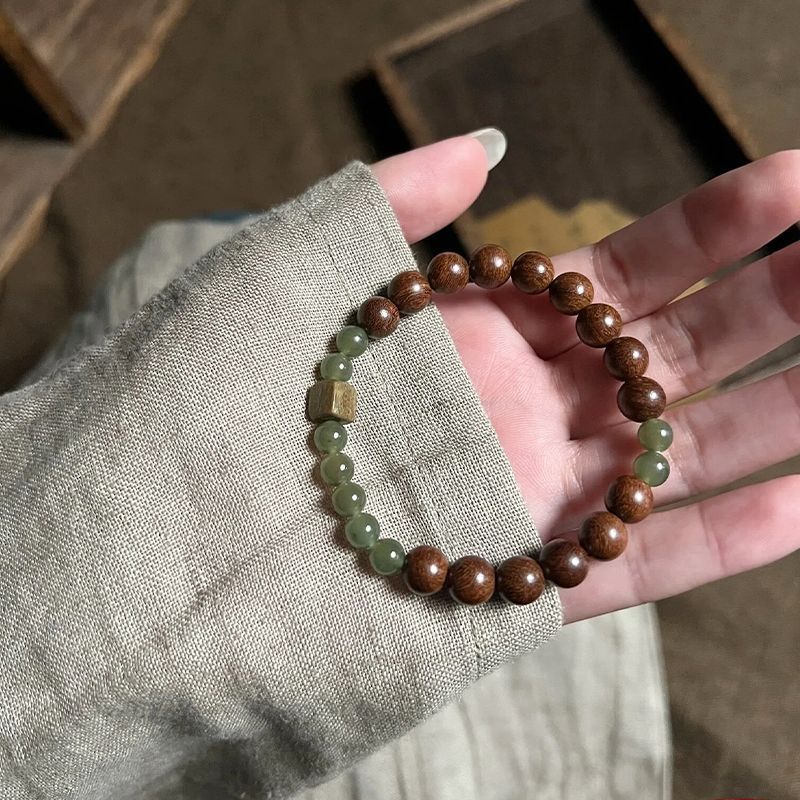 "Spring Moss in the Ancient Temple" New Chinese Style Natural Stone Bracelet with Sandalwood and Jade Beads, Zen-Inspired Artifacts for Men and Women, Simple Design