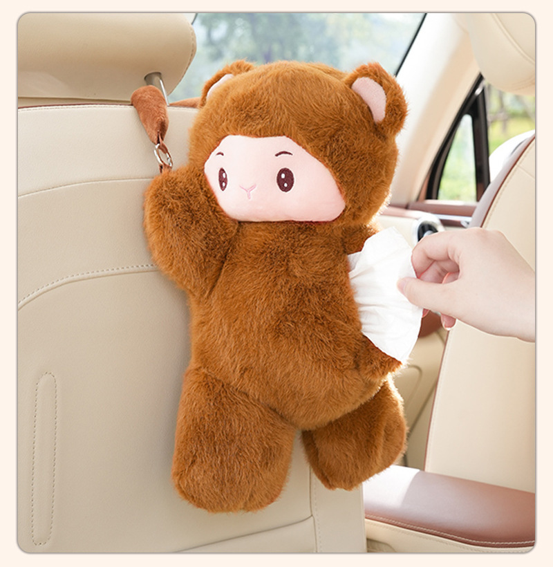 Plush cartoon monkey car tissue box, hanging tissue holder, car tissue bag, dual-purpose tissue box for home and car