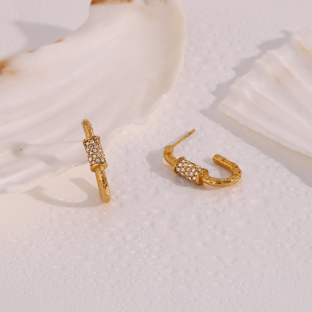 Fashion C Shape Stainless Steel Gold Plated Zircon Earrings 1 Pair