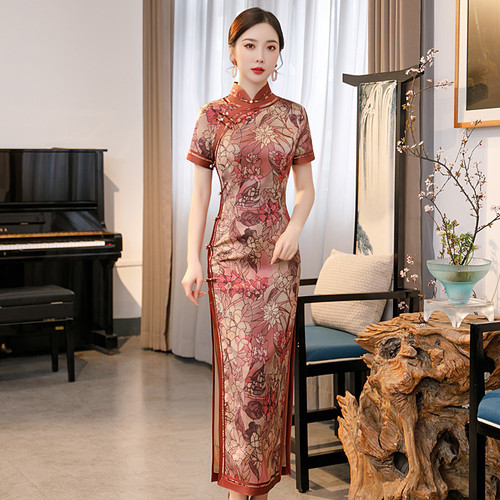 Women floral chinese dress Old Shanghai Suhang oriental retro qipao dress cheongsam photo video shooting catwalk show mother outfit
