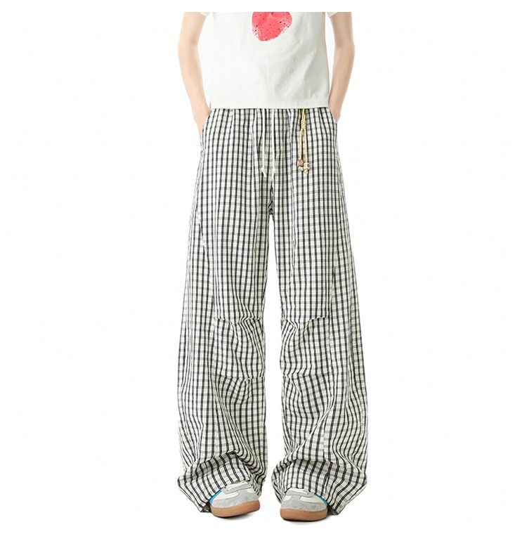 Men's Style Relaxed Fit Plaid Trousers Retro Color Block Wide Leg Casual Trendy Brand Drapey Paratrousers_viptrois.com
