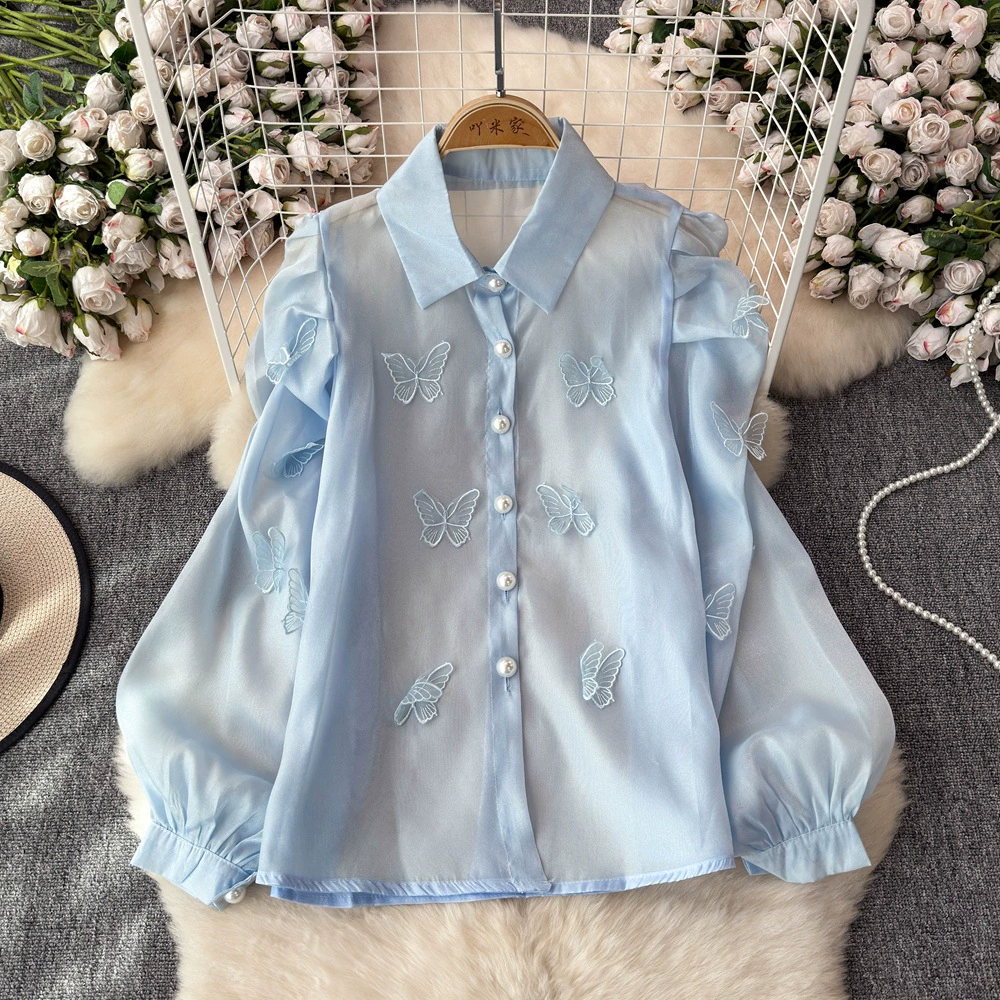 Французский стиль ретро стиль бабочки вышитая рубашка женский 2025 осень новый дизайн чувство нишевые рукава блузки