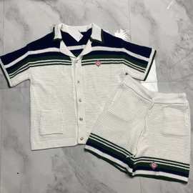 欧货ca套装编织条纹毛衣钩编针织开衫衬衫短裤两件套宽松版型潮女