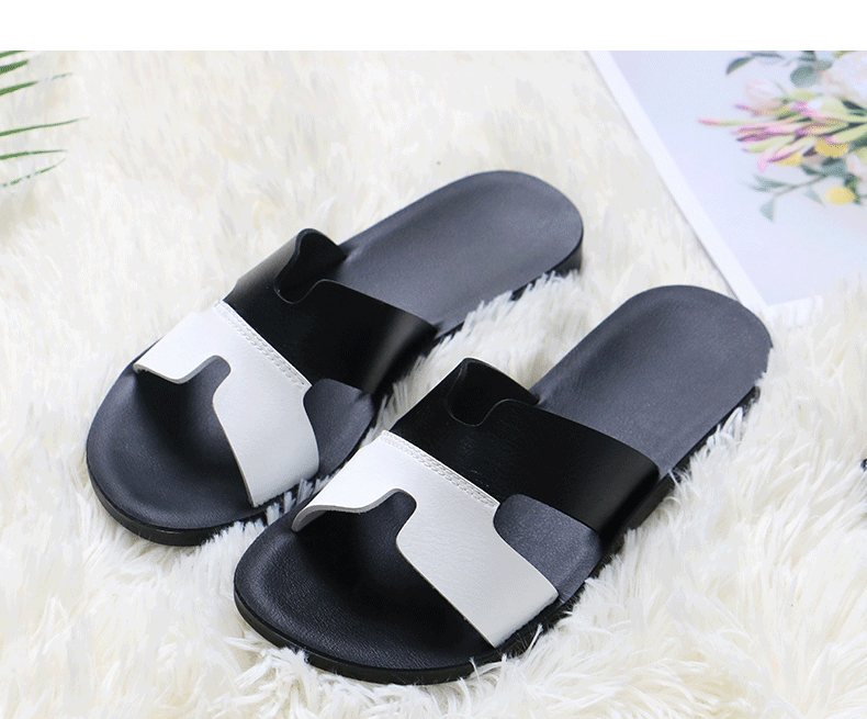 Dép nữ quai ngang chất liệu da PU thoáng khí, chống trơn trượt, đế bằng đi trong nhà và ngoài trời — Đen trắng chi tiết 10
