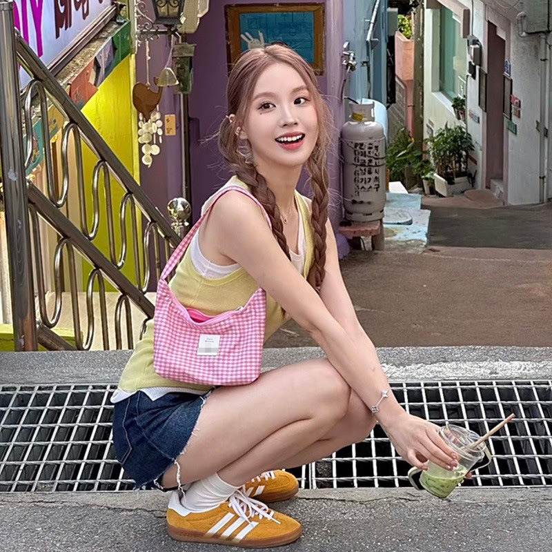 韓国 emis チェック柄脇の下バッグかわいい女の子ハンドバッグ 2025 新しい通勤ハンドバッグ女性のバッグショルダーバッグトレンディな|undefined