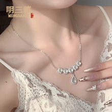 批发镀银镶嵌玉髓锁骨链女款新中式水滴玉髓项链天然玛瑙吊坠直播