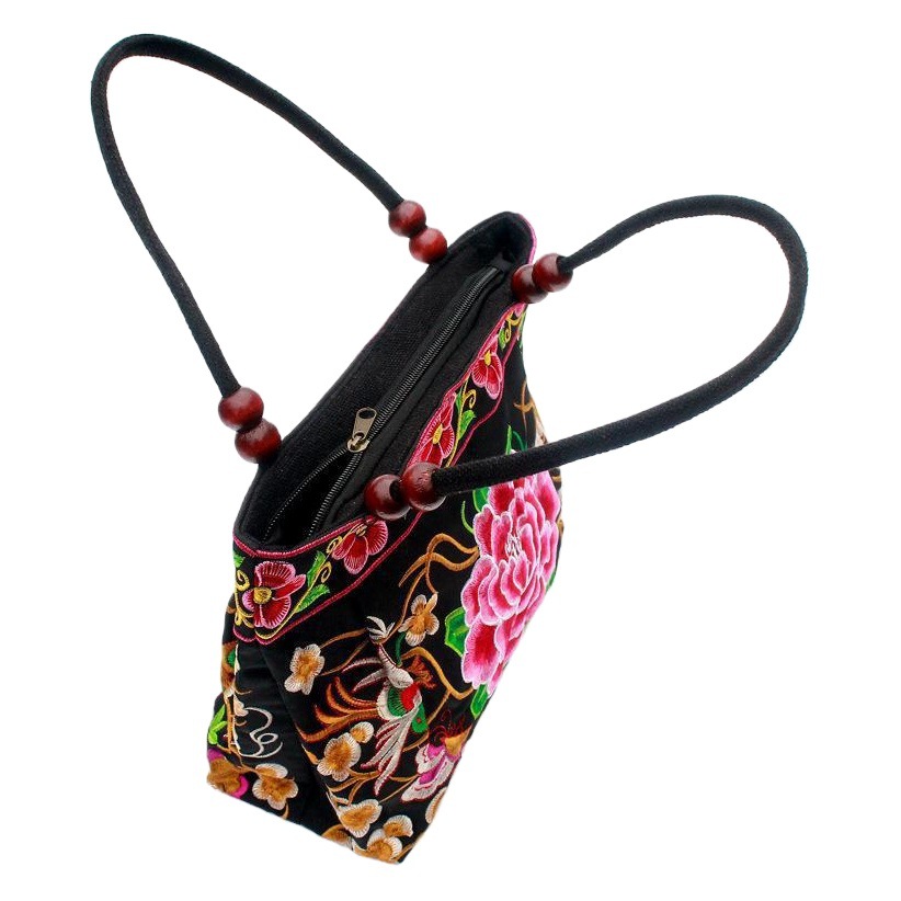 Yunnan Ethnic Style Embroidery Bag Embroidery Handbag for Middle-aged and Elderly Mummy Bag Folk Embroidery Wooden Bead Lace Bag