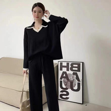 撞色POLO领套头宽松女2024年新款设计感小众休闲阔腿裤针织套装女