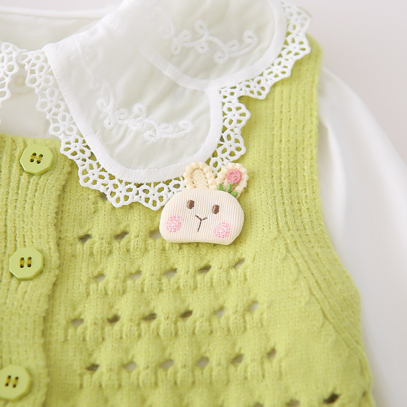 Ensemble trois pièces pour fille, pull à col brodé, gilet, printemps et automne, élégant et décontracté_voghion.com