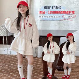 女童波点长袖卫衣连衣裙2026秋季新款小学生裙子蝴蝶结长袖短裙女