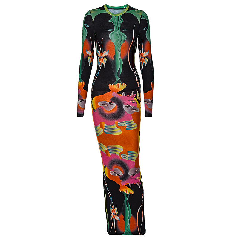 Robe longue imprimée pour femmes, nouvelle mode automne 2024, coupe ajustée, col rond, manches, tempérament_voghion.com