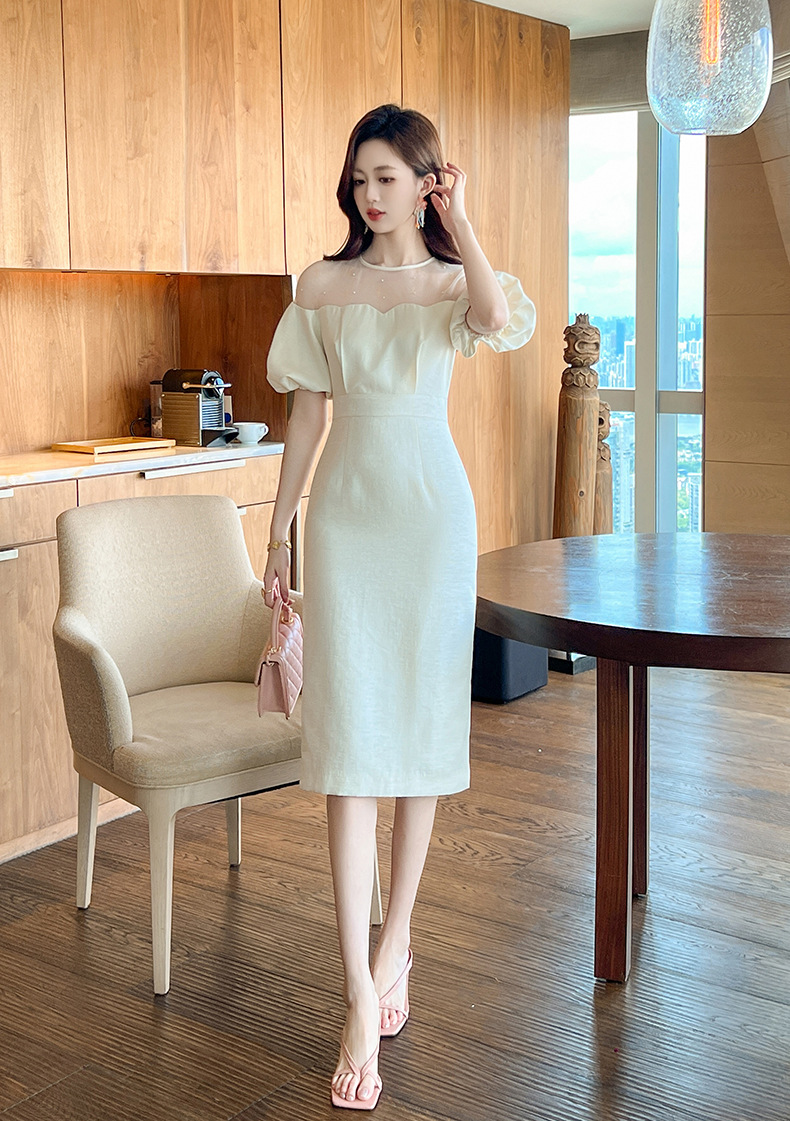 Đầm dự tiệc maxi nữ tay phồng thắt eo kiểu dáng thanh lịch — Màu kem chi tiết 4