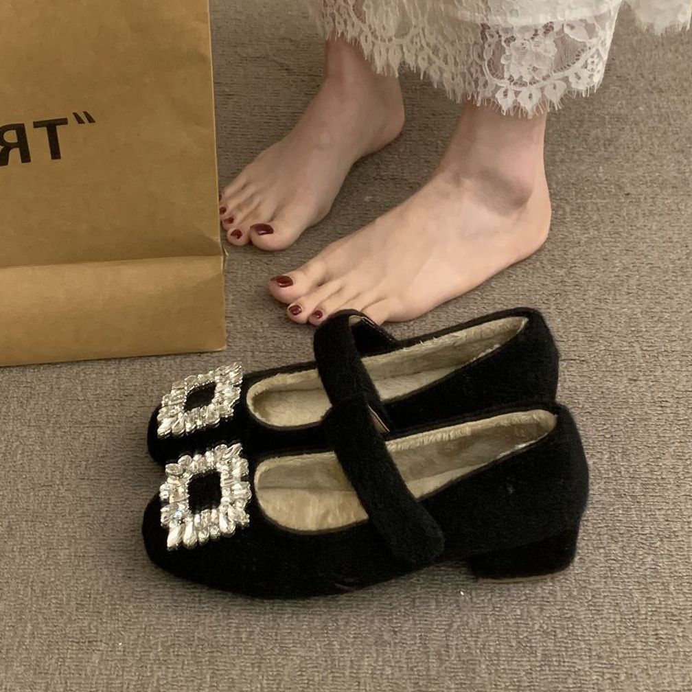 配裙子秋冬保暖加绒玛丽珍鞋水钻单鞋法式鞋女鞋子高级感毛毛鞋女