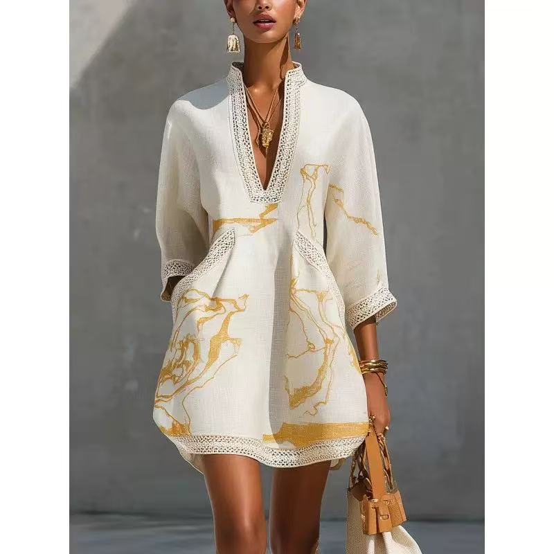 Navy blue gold thread abstract print V-neck lace-trimmed three-quarter sleeve loose vacation-style fashion dress for women