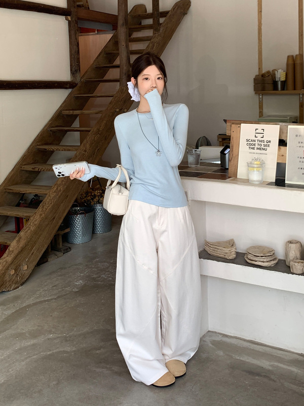蓝色圆领正肩基础款长袖打底衫女2025秋季简约内搭修身显瘦上衣|undefined