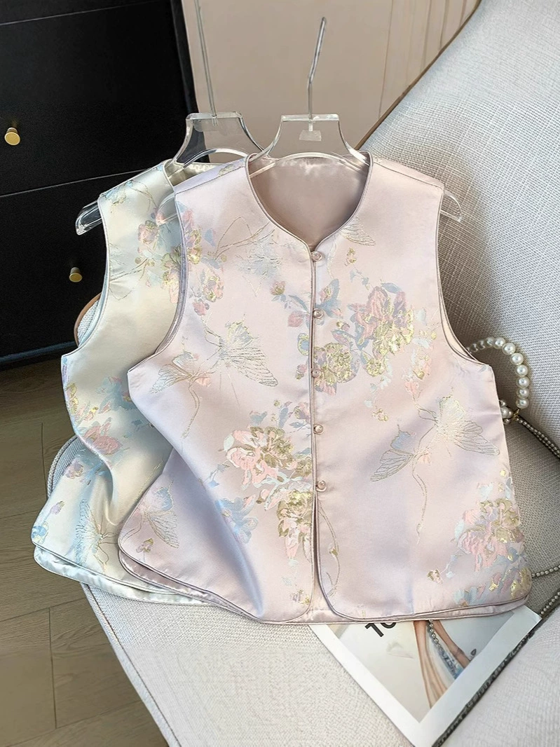 [Flower Love] Новая китайская стиль бисерная б buckle жилетка, светлый национальный стиль, элитная атласная жилетка, золотая проволочная жаккардовая жилетка
