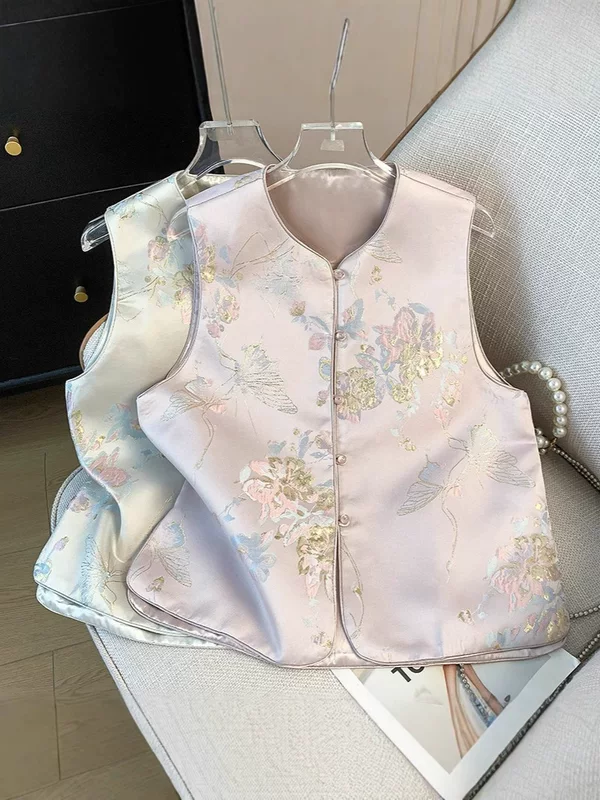 [Flower Love] Новая китайская стиль бисерная б buckle жилетка, светлый национальный стиль, элитная атласная жилетка, золотая проволочная жаккардовая жилетка
