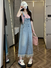 2024夏新款韩版牛仔背带裙女小个子减龄口袋连衣裙设计感流苏长裙