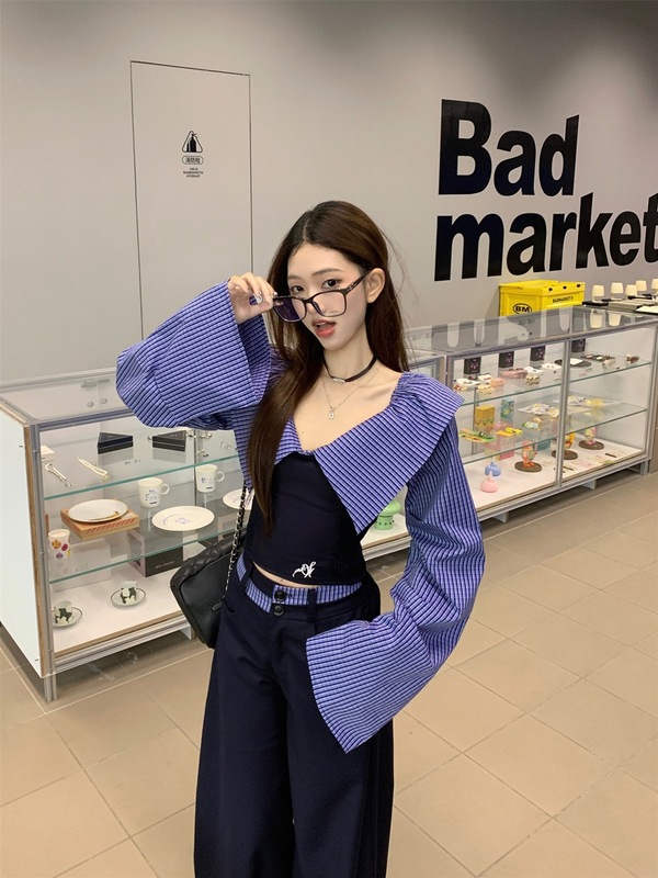 甜酷辣妹套装小众条纹拼接两穿长袖衬衫女装秋季高腰阔腿裤两件套|undefined