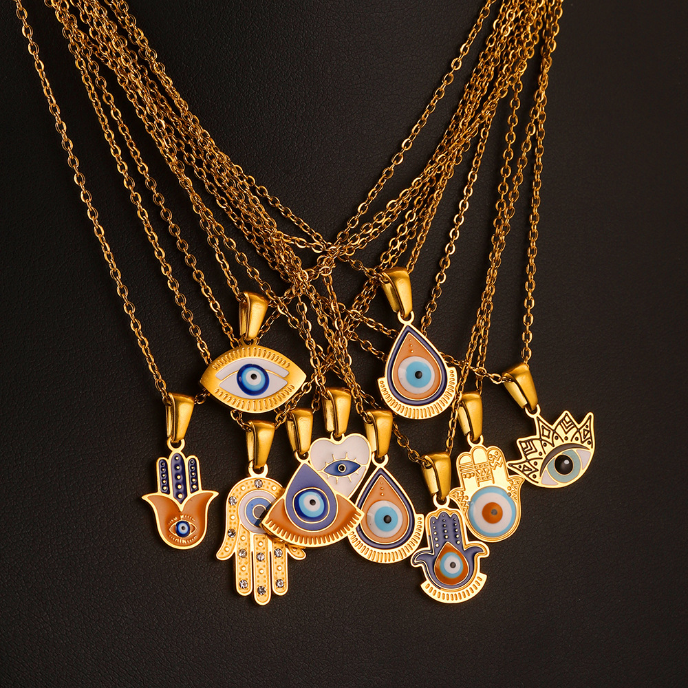 Titanium Steel Chain Material cable chain Chain Type Wholesale Jewelry Vintage Style French Style Palm Eye Titanium Steel Enamel Pendant Necklace Cable Chain